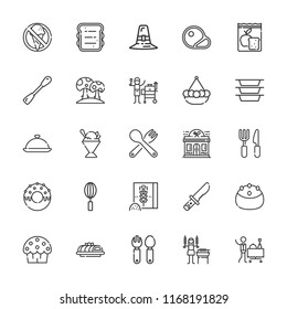Collection of 25 meal outline icons include icons such as tray, cutlery, room service, spatula, sandwich, fork, whisk, plates, no food, sorbet, cake, meal, knife, cup cake