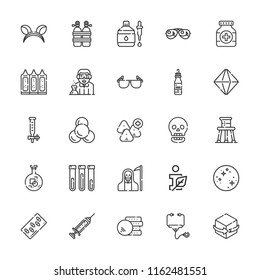 Collection of 25 medical outline icons include icons such as information ecology, beaker, dropper, scientist, medicine, syringe, stethoscope, sunglasses, oxygen tank, d