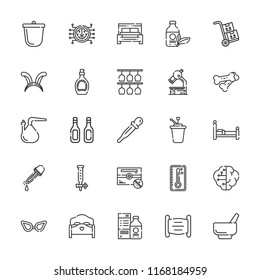 Collection of 25 medical outline icons include icons such as mask, flask, mortar, pipette, crucible, dropper, pills, medicine, bed, glasses, ears, eyedropper, syrup