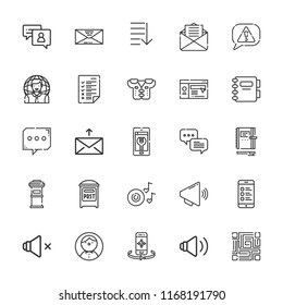 Collection of 25 message outline icons include icons such as agenda, user, post, smartphone, chat, mail, speaker, speakers, pads, order, megaphone, notebook, romantic music