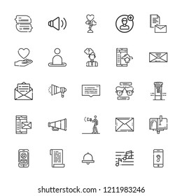 Collection of 25 message outline icons include icons such as speakers, user, smartphone, notification, chat, mail, speaker, megaphone, email, thinking, envelope, mailbox, note