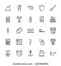 Collection of 25 metal outline icons include icons such as cutlery, crucible, trophy, magnet, pipe, bullets, carabiner, foil, whistle, calculator, flute, knife, lighter