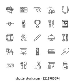 Collection of 25 metal outline icons include icons such as waste, calculator, hammer, cutlery, cylinder, whistle, fountain pen, serving dish, electric guitar, stapler, barrel