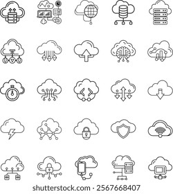 A collection of 25 minimalist line icons depicting various aspects of cloud computing, including data storage, networking, security, and processing.