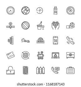 Collection of 25 modern outline icons include icons such as cards, telephone, smartphone, key card, satellite, television, planet earth, briefcase, fence, laptop, curling