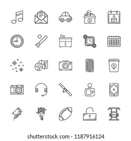 Collection of 25 modern outline icons include icons such as cards, calendar, email, headphones, musical note, baseball bat, basket, tablet, photo camera, satellite, stars
