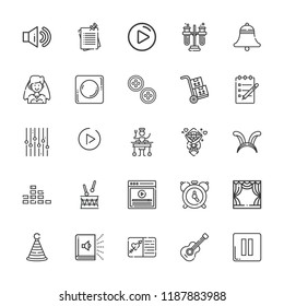 Collection of 25 music outline icons include icons such as alarm, play button, notes, equalizer, bell, guitar, equalizer controller, party hat, ears, drum, tubes, sound, video