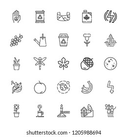 Collection of 25 natural outline icons include icons such as renewable energy, burner, palm, recycling, biodiesel, barrel, field of view, peach, flash, grape, environment