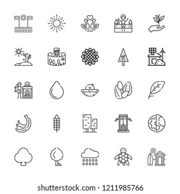 Collection of 25 nature outline icons include icons such as clover, eco house, pine, wheat, gardening, field of view, water drop, swans, turtle, planet earth, tree, sun, lake