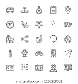 Collection of 25 navigation outline icons include icons such as networking, player, reload, reporting, share, map, bus, apps, binoculars, play button, compass, marker