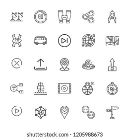 Collection of 25 navigation outline icons include icons such as network, pin, video player, next, upload, sailing ship, bus, close, play button, pause button, sharing