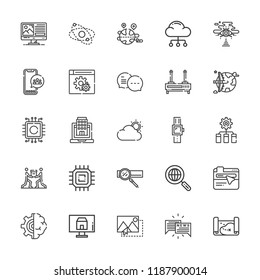 Collection of 25 network outline icons include icons such as network, artificial intelligence, search engine, cloud computing, cpu, screen, browser, laptop, map, smartwatch