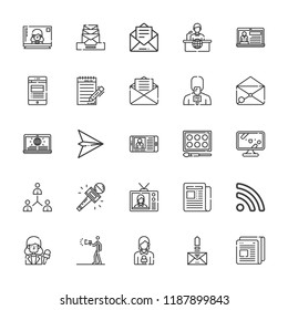 Collection of 25 news outline icons include icons such as tv, email, rss, paper plane, news reporter, network, watercolor, advertising, news, journalist