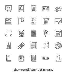 Collection of 25 note outline icons include icons such as documents, receipt, list, recording, musical note, flag, clipboard, pen, violin, paper clip, postcard, music note