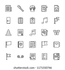 Collection of 25 note outline icons include icons such as agenda, contract, documents, pen, receipt, lottery, list, recording, fridge, musical note, flag, form, pads