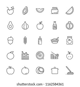 Collection of 25 nutrition outline icons include icons such as wheat, apple, milk, loss, curling, fruit, baby food, watermelon, peach, papaya, orange, hazelnut, fig, coconut