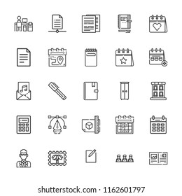 Collection of 25 office outline icons include icons such as building, documents, pen, plan, computer, cabinet, file, calculator, invitation, address book, agent, calendar