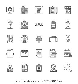 Collection of 25 office outline icons include icons such as briefcase, id card, calendar, list, screen, employee, support, clipboard, employees, sharpener, creative process