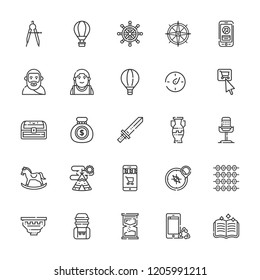 Collection of 25 old outline icons include icons such as money bag, tap, smartphone, hot air balloon, compass, rocking horse, rudder, chest, alexander the great, plato