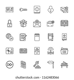 Collection of 25 open outline icons include icons such as email, parcel, toolbox, folder, key, fast forward, hours, form, book, padlock, package, open book, lips, notepad