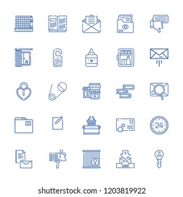 Collection of 25 open outline icons include icons such as hours, message, doorknob, minibar, folder, files and folders, key, new file, book, mail, cutting, postcard, email