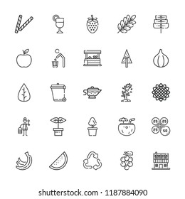 Collection of 25 organic outline icons include icons such as leaf, pine, plant, apple, recycling, recycle, watermelon, fig, juice, wooden, petals, farm house, vegetables, tree