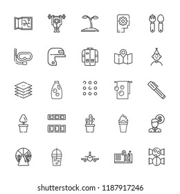 Collection of 25 collection outline icons include icons such as pen, lottery, birthday boy, money, baseball, jacket, airplane, apps, thinking, layers, cutlery, plant, sweet