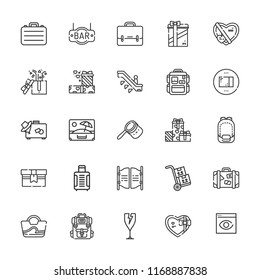 Collection of 25 pack outline icons include icons such as fragile, briefcase, backpack, browser visualization, suitcase, package, escalator, bar, gifts, bag, gift