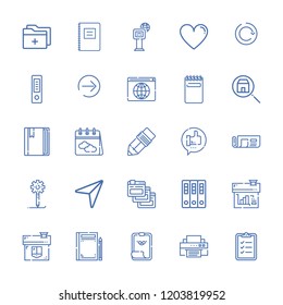 Collection of 25 page outline icons include icons such as archives, cursor, folder, newspaper, file, reporting, house, browsers, next page, refresh button, browser, pen