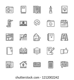 Collection of 25 page outline icons include icons such as folder, address book, house, browser, favorites button, open book, calendar, notepad, layers, newspaper, pen, like