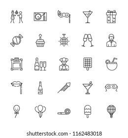 Collection of 25 party outline icons include icons such as disco, balloon, candy, champagne, cocktail, cupcake, disco ball, party blower, stemware, ice cream, vinyl player