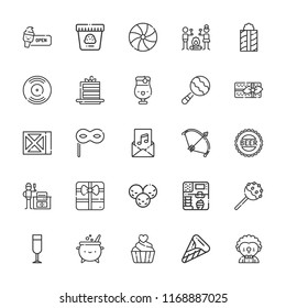 Collection of 25 party outline icons include icons such as cocktail, eye mask, invitation, present, maraca, champagne glass, vinyl, ice cream, bottle cap, wine, candy, clown