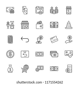 Collection of 25 payment outline icons include icons such as coin, money, cards, credit card, online shopping, return, cashier, key card, online shop, cash, wallet, shop