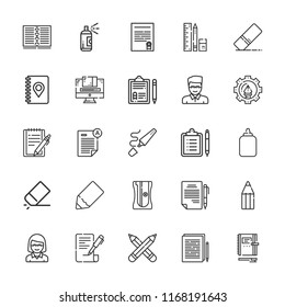 Collection of 25 pen outline icons include icons such as contract, educator, clipboard, eraser, notebook, documentation, sharpener, glue, pencil, school material