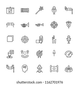 Collection of 25 performance outline icons include icons such as mask, target, microphone, clown, trumpet, productivity, tactics, mic, multi tab, speedometer, magic wand
