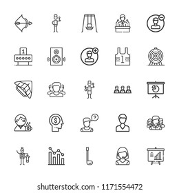 Collection of 25 person outline icons include icons such as meeting, operator, team, butler, chef, staff, swing, loss, presentation, user, speakers, archery, golf, shooting