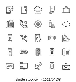 Collection Of 25 Phone Outline Icons Include Icons Such As Cards, Operator, Set Square, Cloud Computing, Smartphone, Fax, Rec, Message, Address Book, Flat, Battery, Laptop