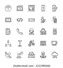 Collection of 25 phone outline icons include icons such as cards, operator, smartphone, information ecology, telemarketer, cloud computing, laptop, phone call, virtual reality