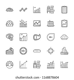 Collection of 25 pie outline icons include icons such as analytics, pie chart, line chart, reporting, bar chart, diagram, statistics, percentage, bar graph, graph, cake slice