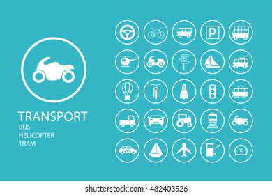 a collection of 25 pieces of flat icons on the theme of transport in creative assembly