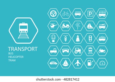 a collection of 25 pieces of flat icons on the theme of transport in creative assembly