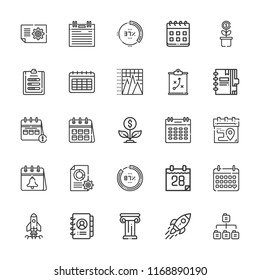 Collection of 25 plan outline icons include icons such as calendar, plan, analytics, results, startup, agenda, sitemap, growth, percentage, strategy, pyramid chart