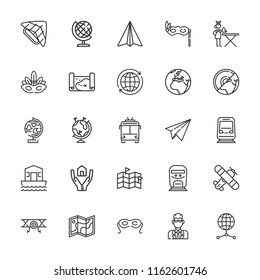 Collection of 25 plane outline icons include icons such as ironing service, paper airplane, earth globe, world, insurance, agent, map, plane, skydiving, aeroplane, house boat