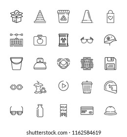 Collection of 25 plastic outline icons include icons such as credit card, foosball, waste, cone, bucket, kettle, bottle, floppy disk, helmet, sunglasses, garbage, package