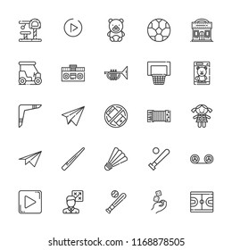 Collection of 25 play outline icons include icons such as dices, recording, boomerang, doll, teddy bear, paper plane, tactics, baseball bat, cue, football, golf cart