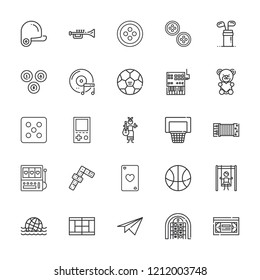 Collection of 25 play outline icons include icons such as gambler, dominoes, billiard, playground, paper plane, trumpet, baseball, golf, tennis court, ball, controller