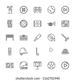 Collection of 25 player outline icons include icons such as dictaphone, video player, next, pause, play button, recorder, american football, baseball, chess clock, cricket