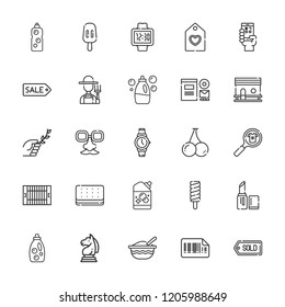 Collection of 25 product outline icons include icons such as branch, tag, field, strategy, baby food, face mask, lipstick, popsicle, ice cream, watch, chicken coop, product