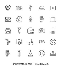 Collection of 25 professional outline icons include icons such as briefcase, tie, screwdriver, helmet, chef, suit, camera, photo camera, american football, football
