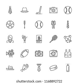 Collection of 25 professional outline icons include icons such as tie, tennis court, screwdriver, photo camera, suit, hockey, puck, punching bag, racket, uniform, hand